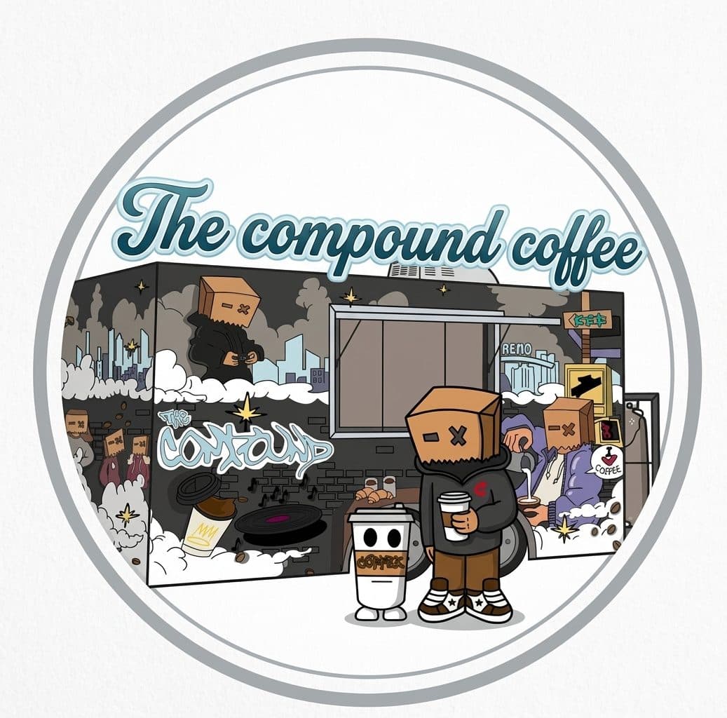 The Compound Coffee illustrated logo featuring the paper-bag crew and the truck